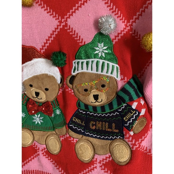 Women's Ugly Christmas Sweater Pink W/Bears Sparkly Pom Poms Bow Small (4-6) NWT - Picture 2 of 4